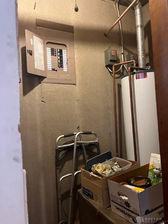 utility room with gas water heater and electric panel