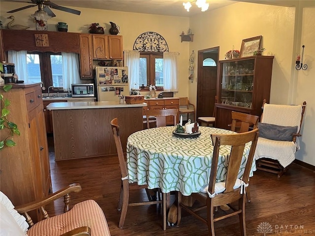 dining area with dark hardwood / wood-style floors, ceiling fan, and sink