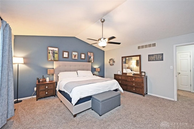 bedroom with light carpet, ceiling fan, and lofted ceiling