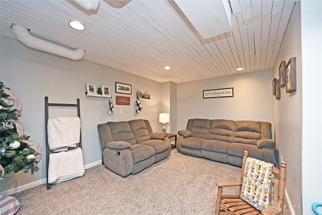 carpeted living room featuring wooden ceiling