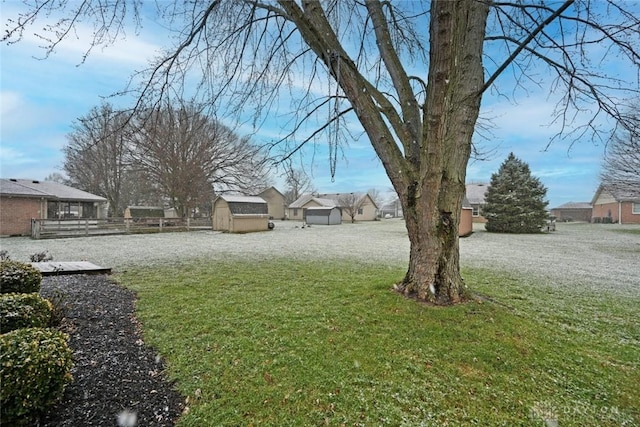 view of yard featuring a storage unit