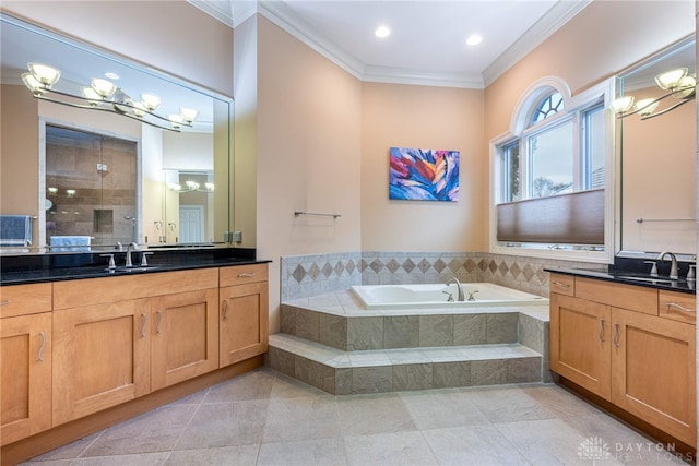 bathroom with tile patterned flooring, vanity, separate shower and tub, and crown molding