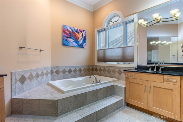 bathroom with tile patterned flooring, vanity, crown molding, and tiled bath