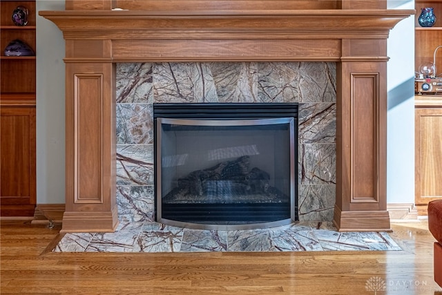 room details featuring built in shelves and a fireplace