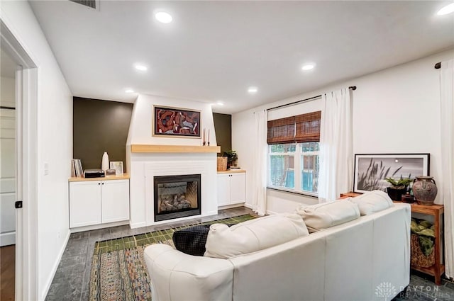 living room featuring dark wood-type flooring