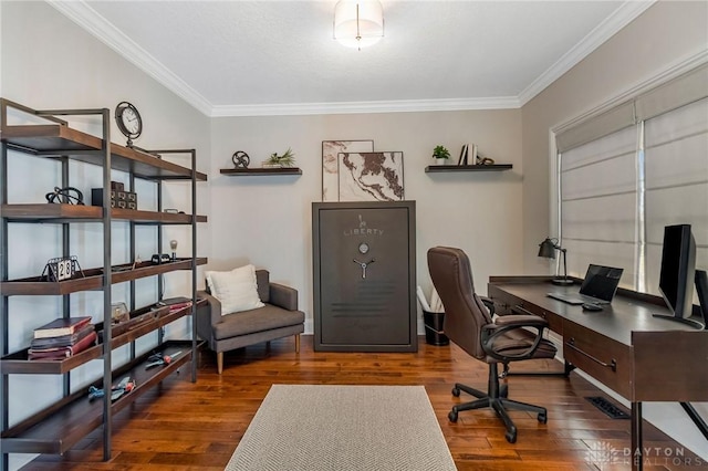 home office with crown molding and dark hardwood / wood-style floors