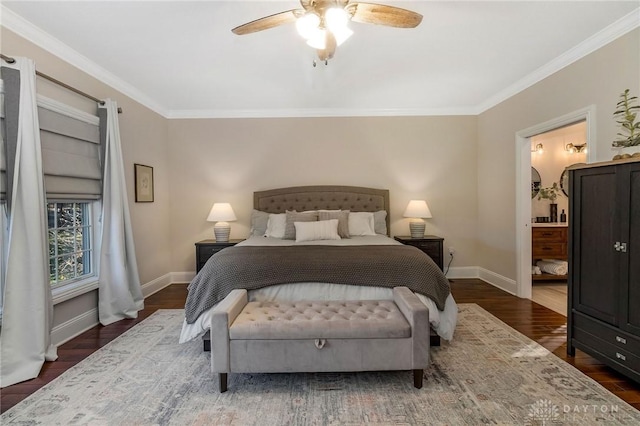 bedroom featuring dark hardwood / wood-style flooring, ceiling fan, and crown molding