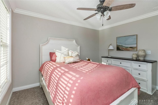 carpeted bedroom with ceiling fan and crown molding