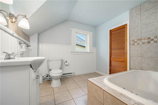 bathroom with baseboard heating, tile patterned flooring, lofted ceiling, toilet, and vanity