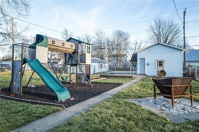 view of jungle gym with a lawn