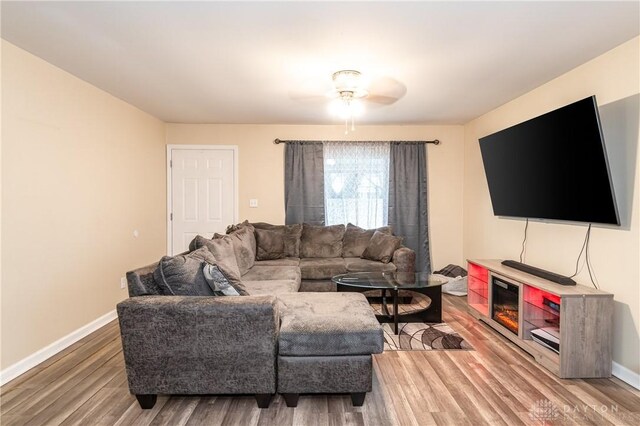 living room featuring hardwood / wood-style floors and ceiling fan