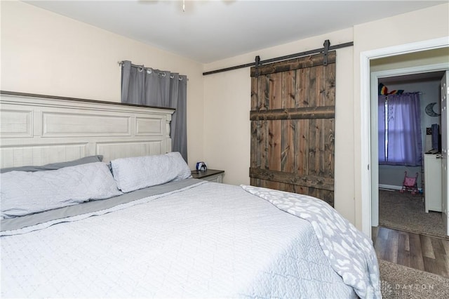 carpeted bedroom with a barn door