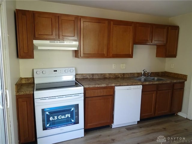 kitchen featuring dark hardwood / wood-style floors, white appliances, and sink