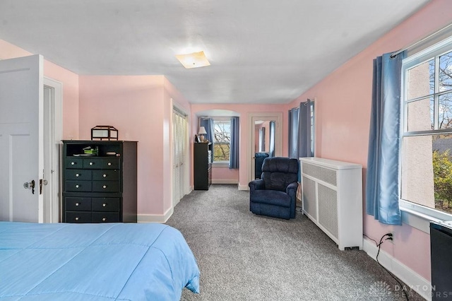 carpeted bedroom with radiator heating unit and a closet