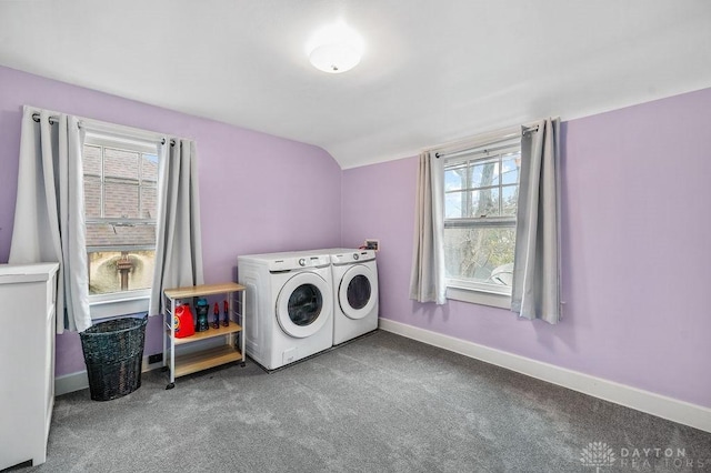 laundry area featuring carpet flooring and washing machine and dryer