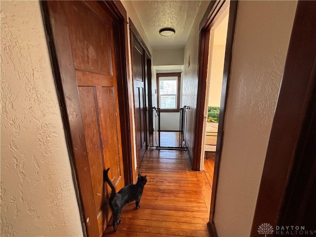 hallway featuring light hardwood / wood-style floors and a textured ceiling