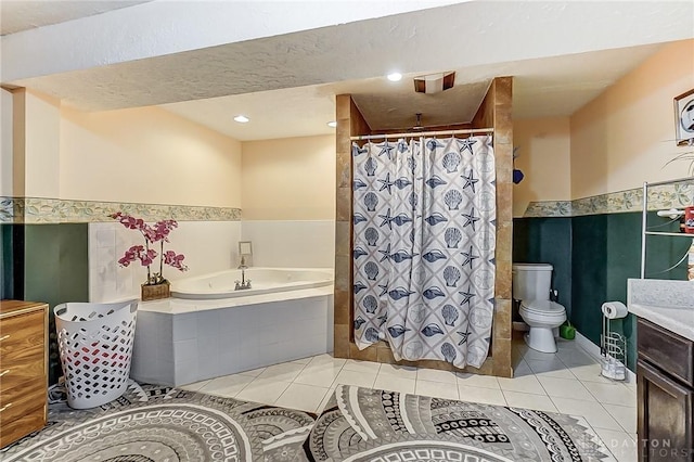 full bathroom featuring tile patterned flooring, vanity, plus walk in shower, and toilet