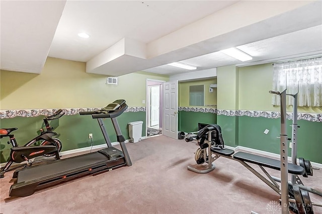 workout room featuring carpet