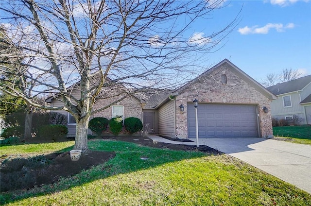 ranch-style home with a front yard and a garage