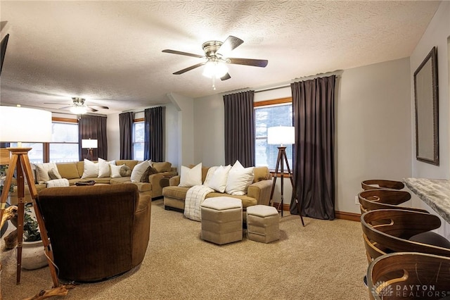 living room featuring carpet and a textured ceiling