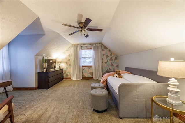 bedroom featuring ceiling fan, light carpet, and vaulted ceiling