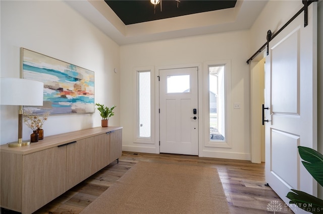 foyer entrance with a tray ceiling, a barn door, and light hardwood / wood-style flooring