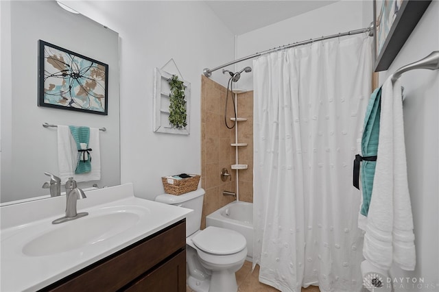 full bathroom with vanity, toilet, and shower / bathtub combination with curtain