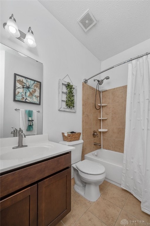 full bathroom with vanity, shower / bath combination with curtain, a textured ceiling, and toilet