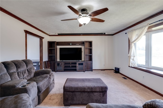 living room featuring a textured ceiling, light colored carpet, visible vents, baseboards, and crown molding