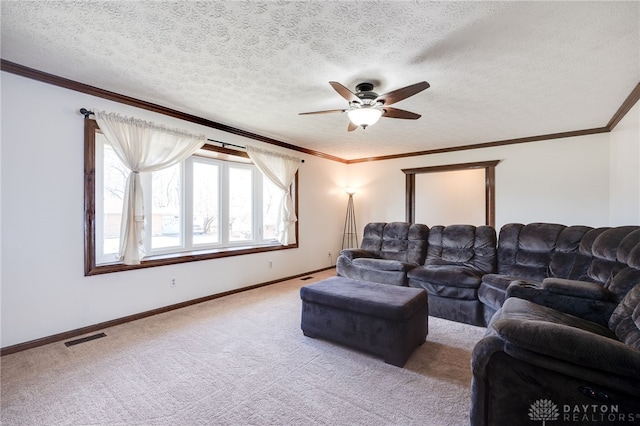 living room with crown molding, light colored carpet, visible vents, a textured ceiling, and baseboards