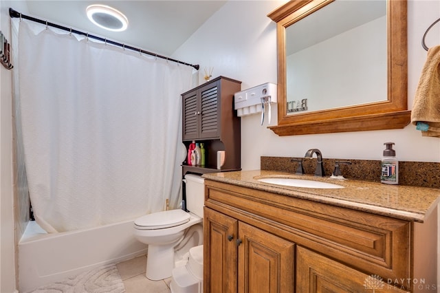 full bathroom featuring vanity, tile patterned flooring, toilet, and shower / tub combo with curtain