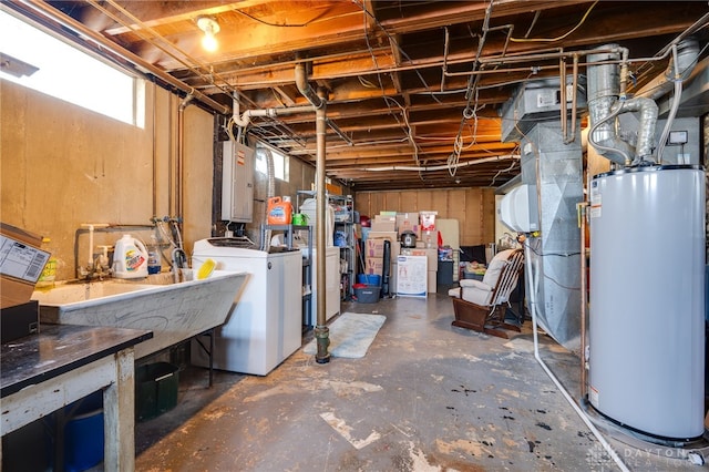 below grade area featuring electric panel, washer / dryer, water heater, and a sink