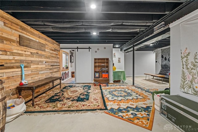 basement with wood walls