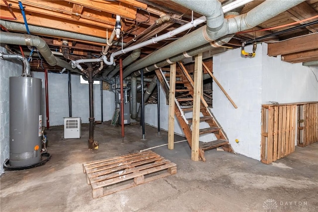 basement with heating unit and water heater