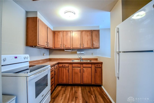 kitchen with dark hardwood / wood-style flooring, white appliances, and sink