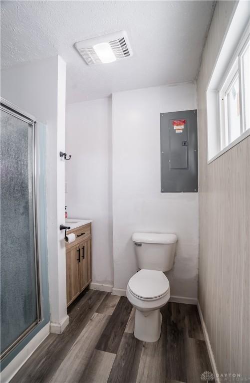 bathroom with vanity, toilet, wood-type flooring, and electric panel