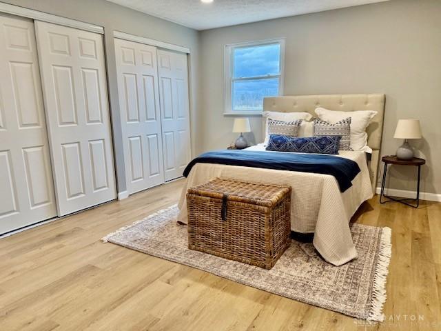 bedroom with two closets and hardwood / wood-style flooring