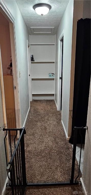 hallway featuring carpet floors and a textured ceiling