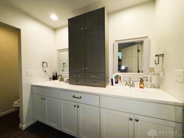 bathroom with hardwood / wood-style floors, vanity, and toilet