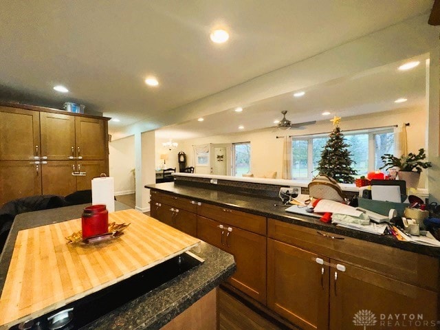 kitchen with dark hardwood / wood-style flooring, ceiling fan, and butcher block counters