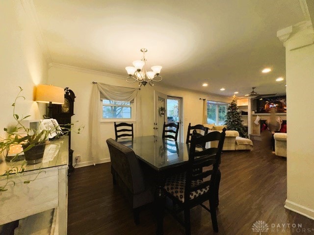 dining room with ceiling fan with notable chandelier, dark hardwood / wood-style flooring, and crown molding