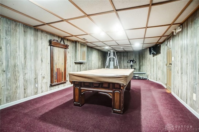 playroom with carpet, coffered ceiling, and pool table