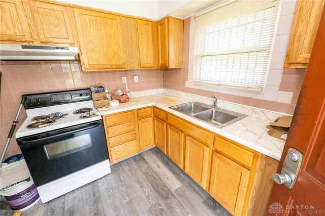 kitchen with backsplash, sink, white electric range oven, and light hardwood / wood-style floors