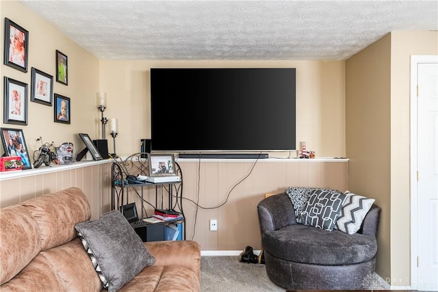 living room featuring carpet and a textured ceiling