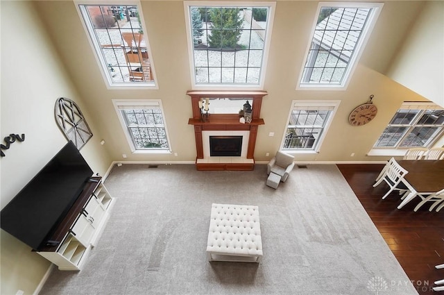 living room with a fireplace with raised hearth, a high ceiling, wood finished floors, and baseboards