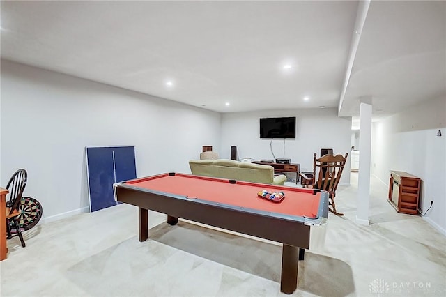 rec room with light colored carpet and pool table