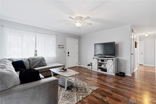 living room with dark hardwood / wood-style floors and ceiling fan