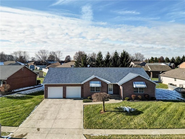 single story home featuring a front yard and a garage