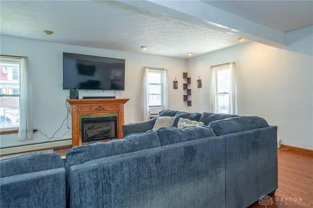 living room featuring wood-type flooring, baseboard heating, and a wealth of natural light