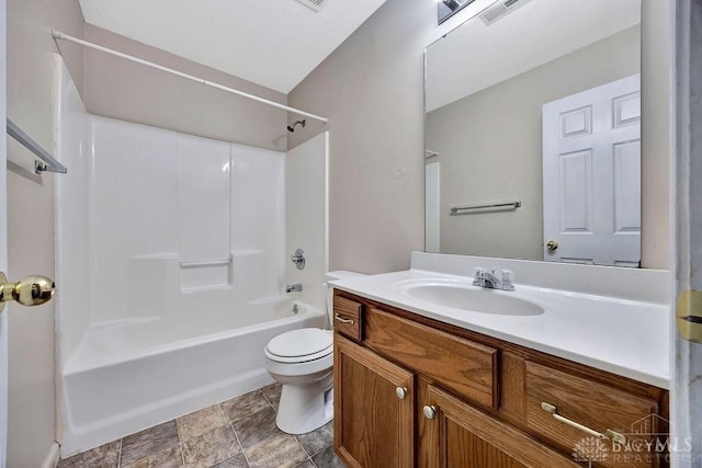 full bathroom with toilet, bathtub / shower combination, visible vents, and vanity